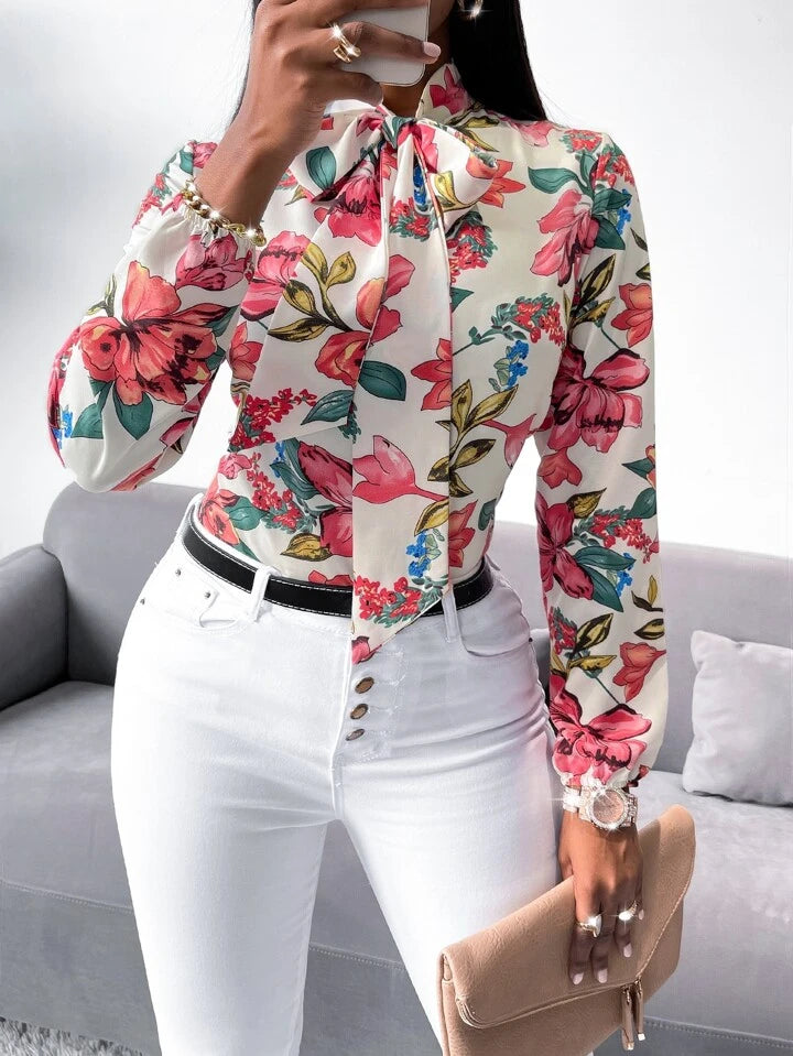 Floral print tie neck blouse in multi