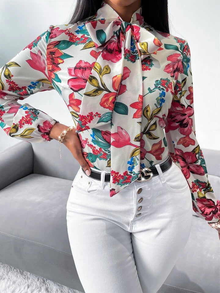 Floral print tie neck blouse in multi