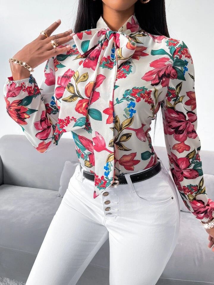 Floral print tie neck blouse in multi