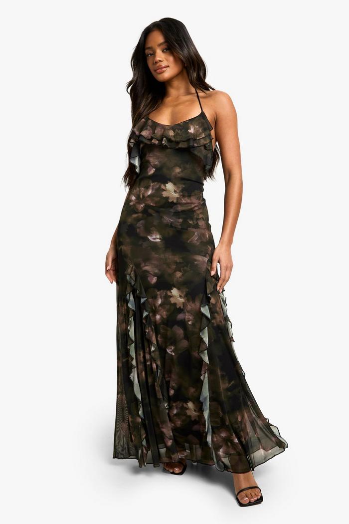Floral ruffle printed mesh in green
