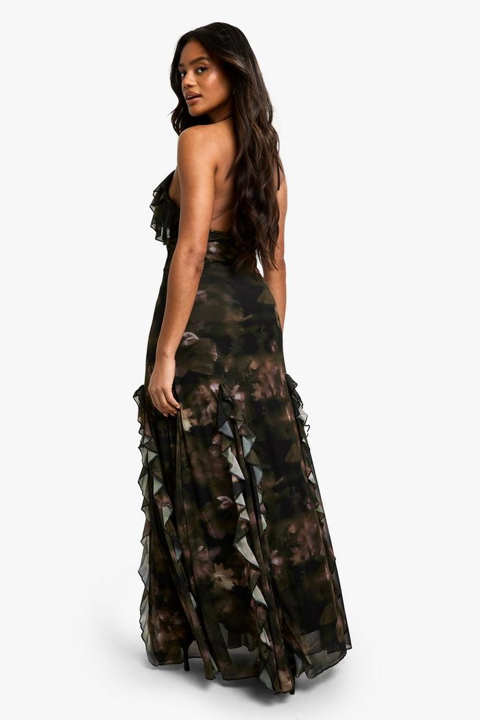 Floral ruffle printed mesh in green