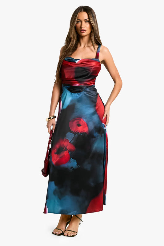 Floral satin corset midaxi dress in black