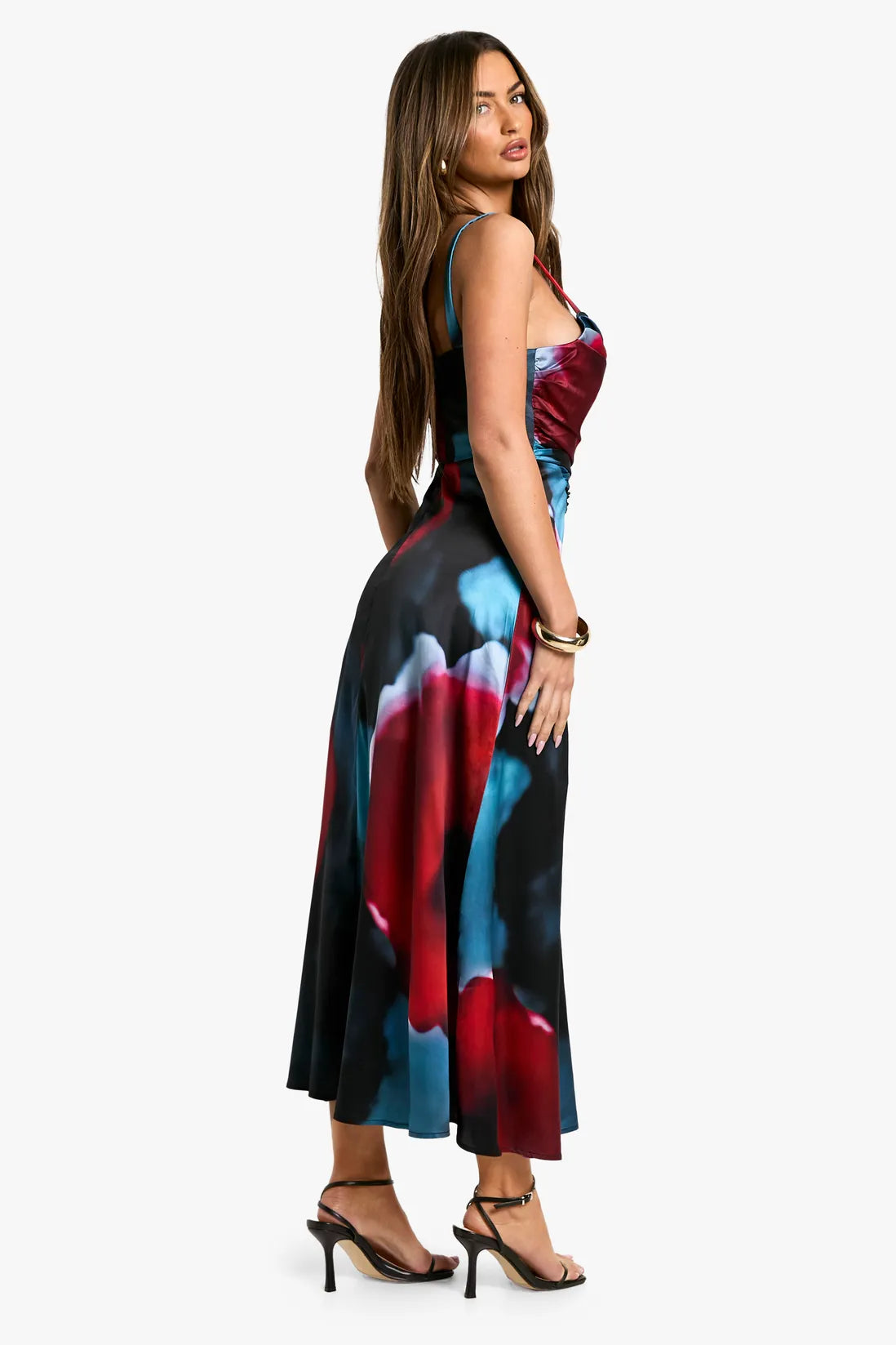 Floral satin corset midaxi dress in black