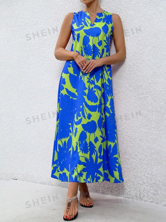 Floral v-neck a-line dress in blue