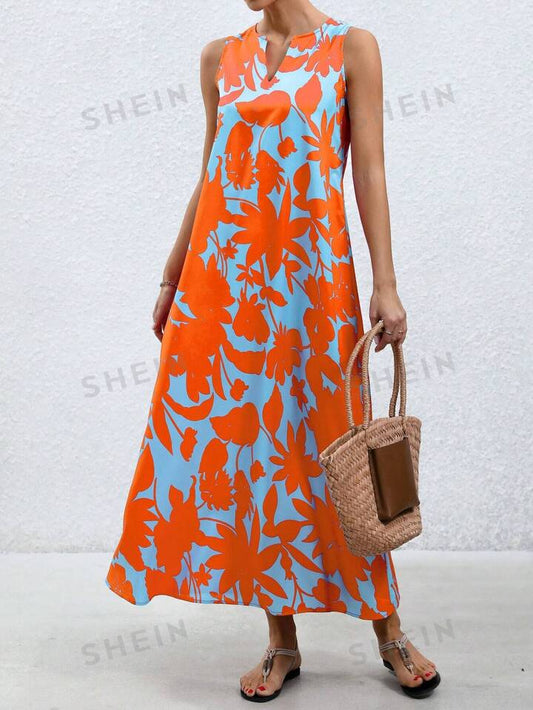 Floral v-neck a-line dress in orange