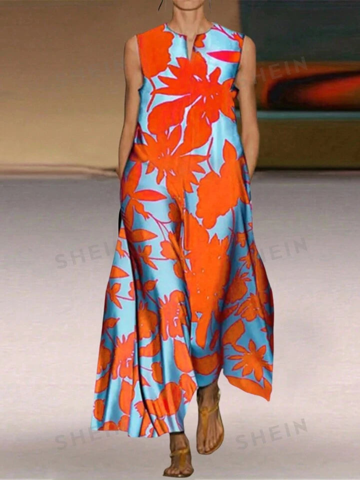 Floral v-neck a-line dress in orange