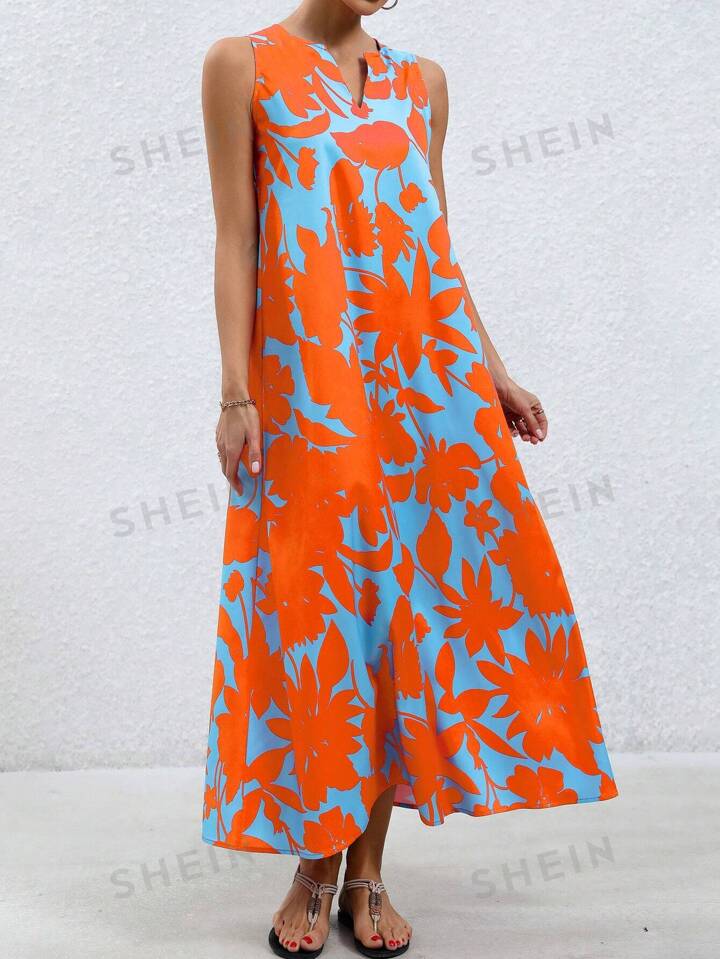 Floral v-neck a-line dress in orange