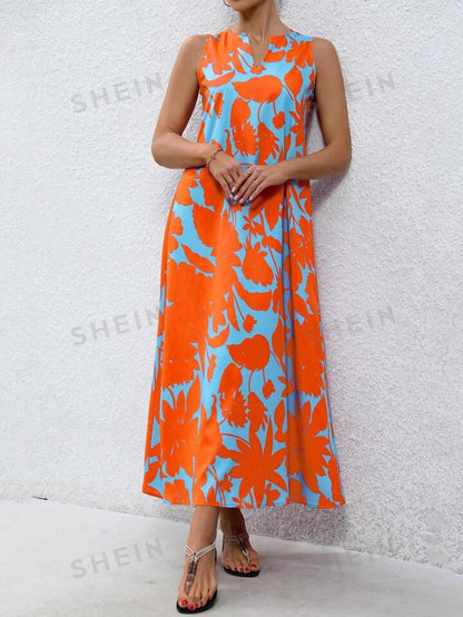 Floral v-neck a-line dress in orange