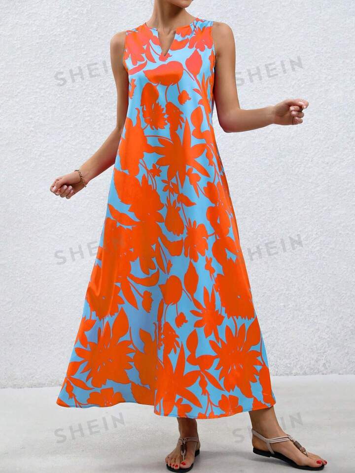 Floral v-neck a-line dress in orange