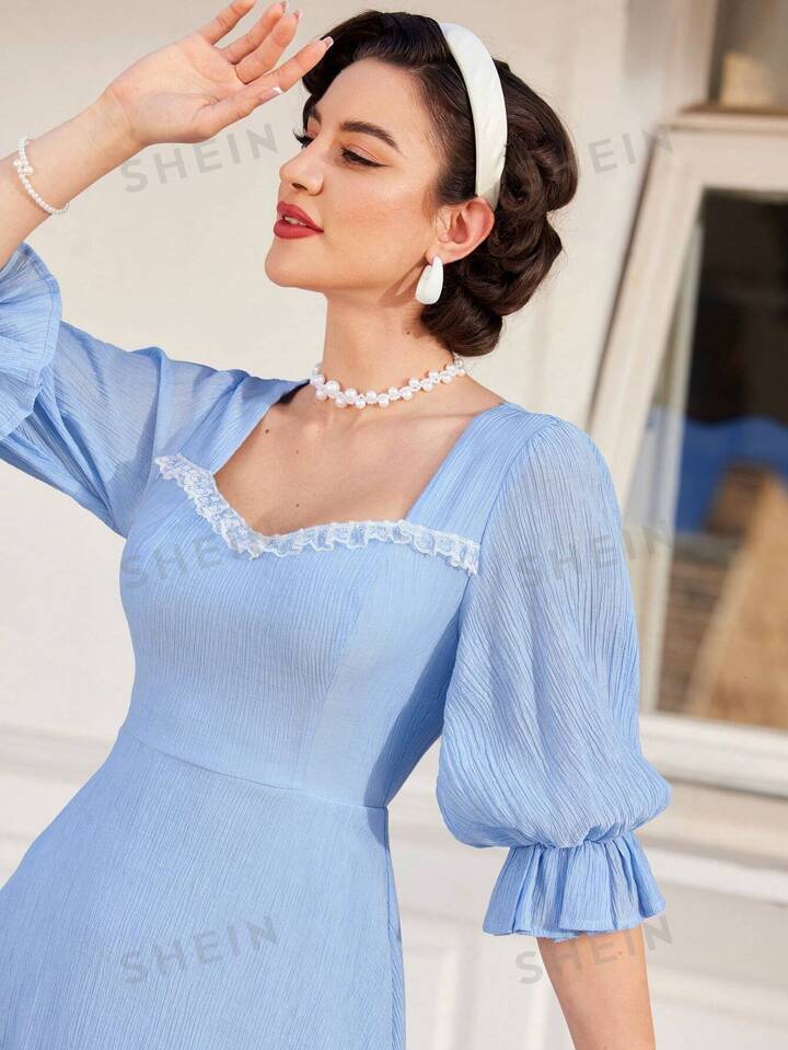 Flounce sleeve sweetheart neckline dress in blue