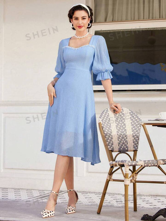 Flounce sleeve sweetheart neckline dress in blue