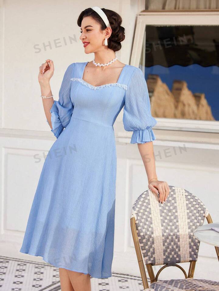 Flounce sleeve sweetheart neckline dress in blue