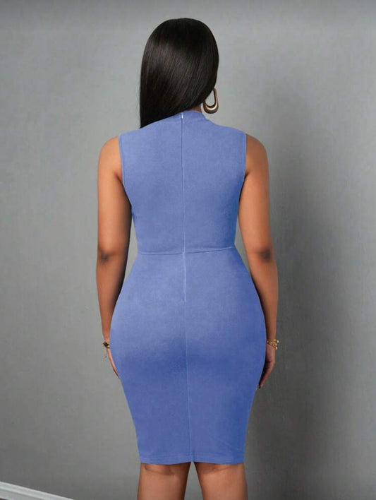 Solid color sleeveless bodycon dress in baby blue