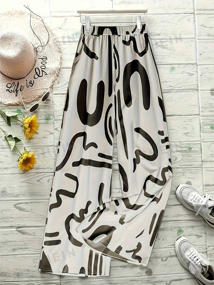 Geometric print loose fit wide leg pants in cream