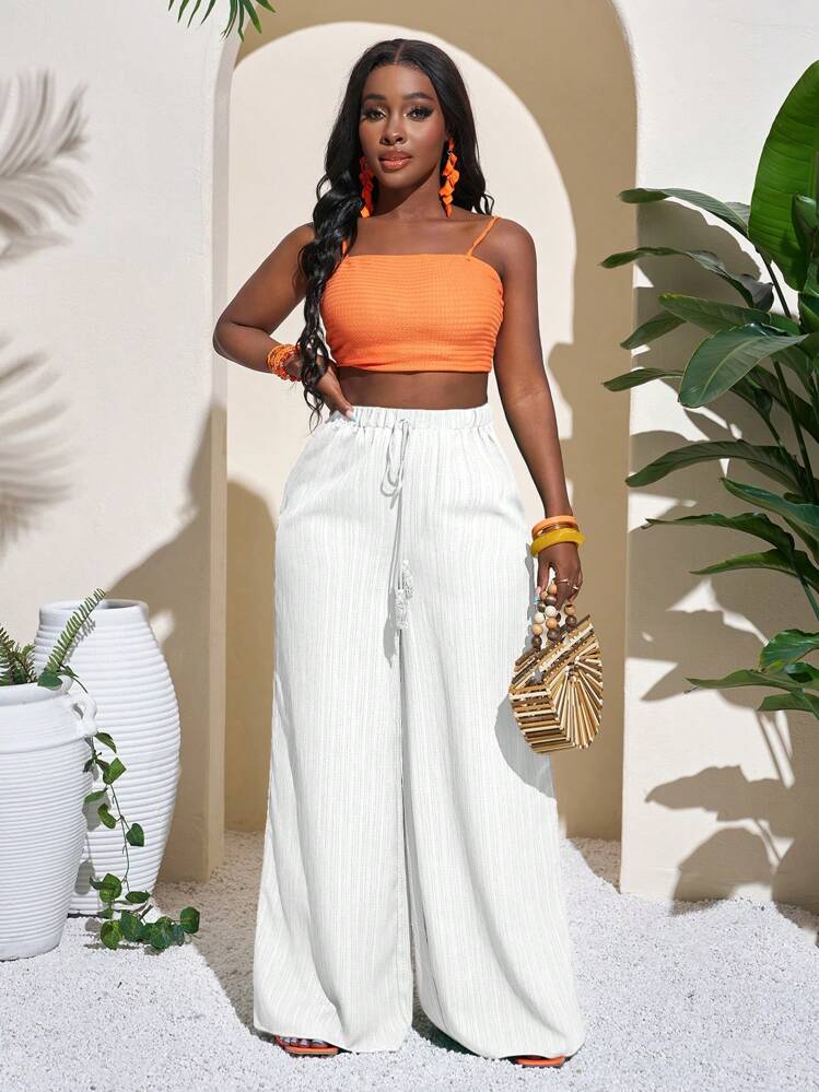 Geometric print wide leg palazzo in white