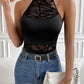 Geo print contrast mesh black halter bodysuit in black