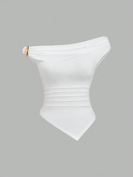 Gold decor twist asymmetric top in white