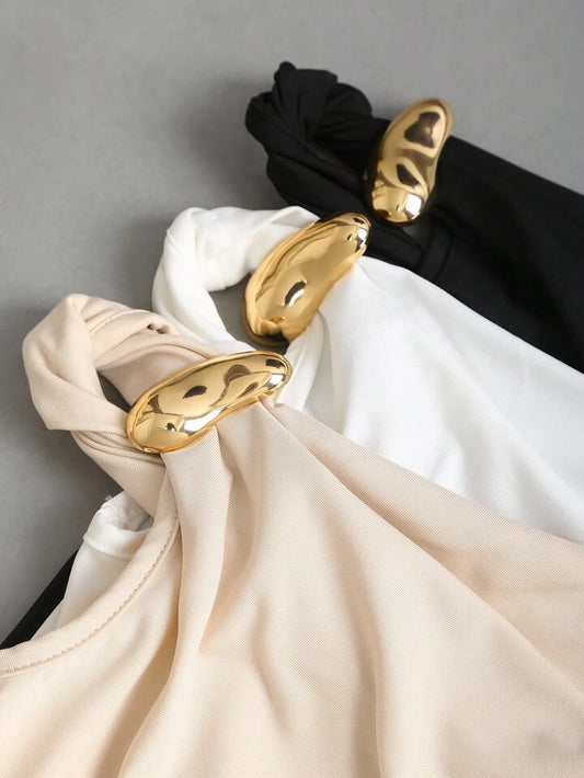 Gold decor twist asymmetric top in white