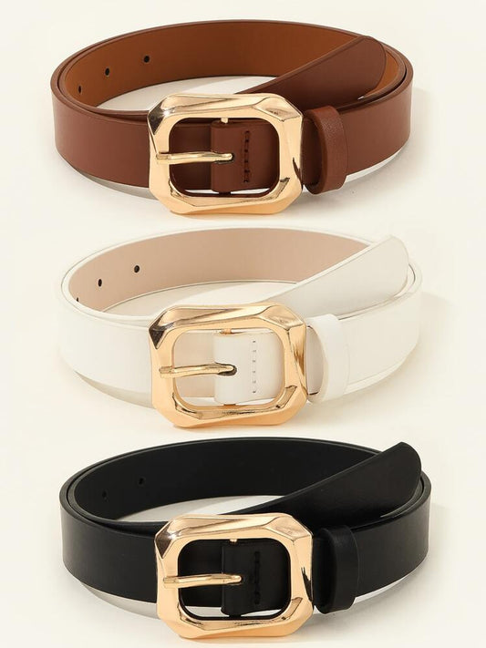 Gold square buckle leather belt in white