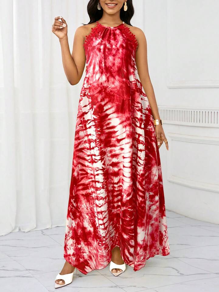 Gradient lace splicing long dress in red