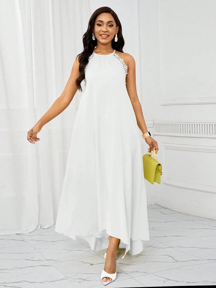 Gradient lace splicing long dress in white