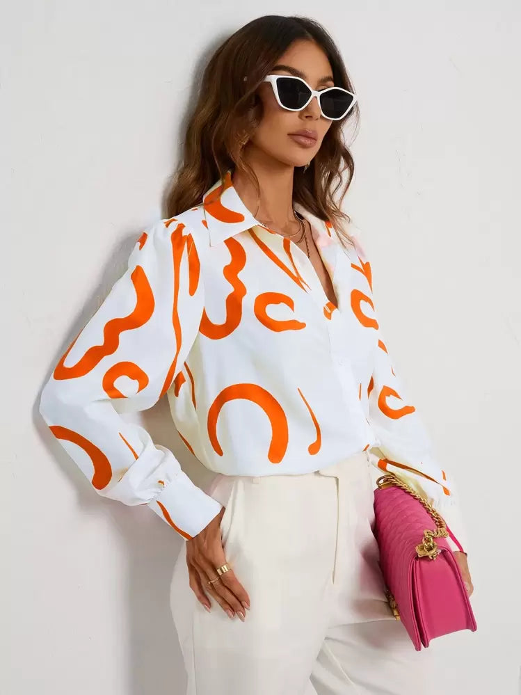 Graphic print button front shirt in orange