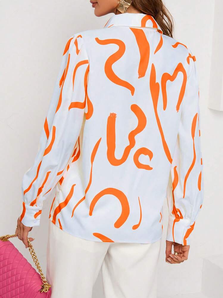 Graphic print button front shirt in orange