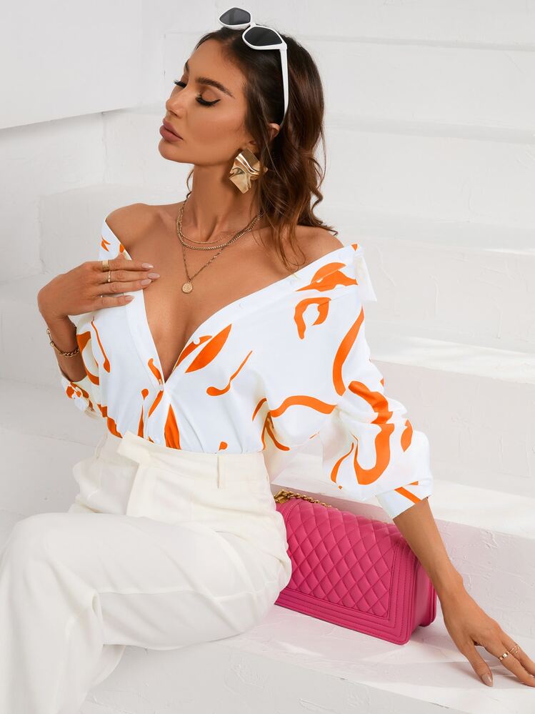 Graphic print button front shirt in orange