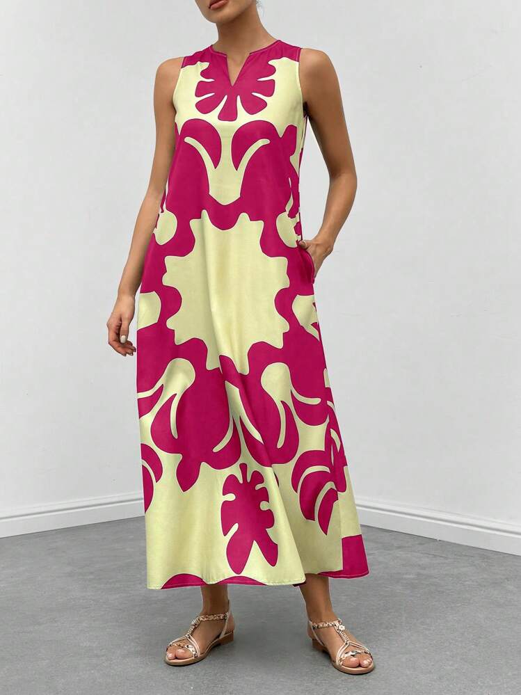 Graphic print neckline hidden pocket maxi in hot pink