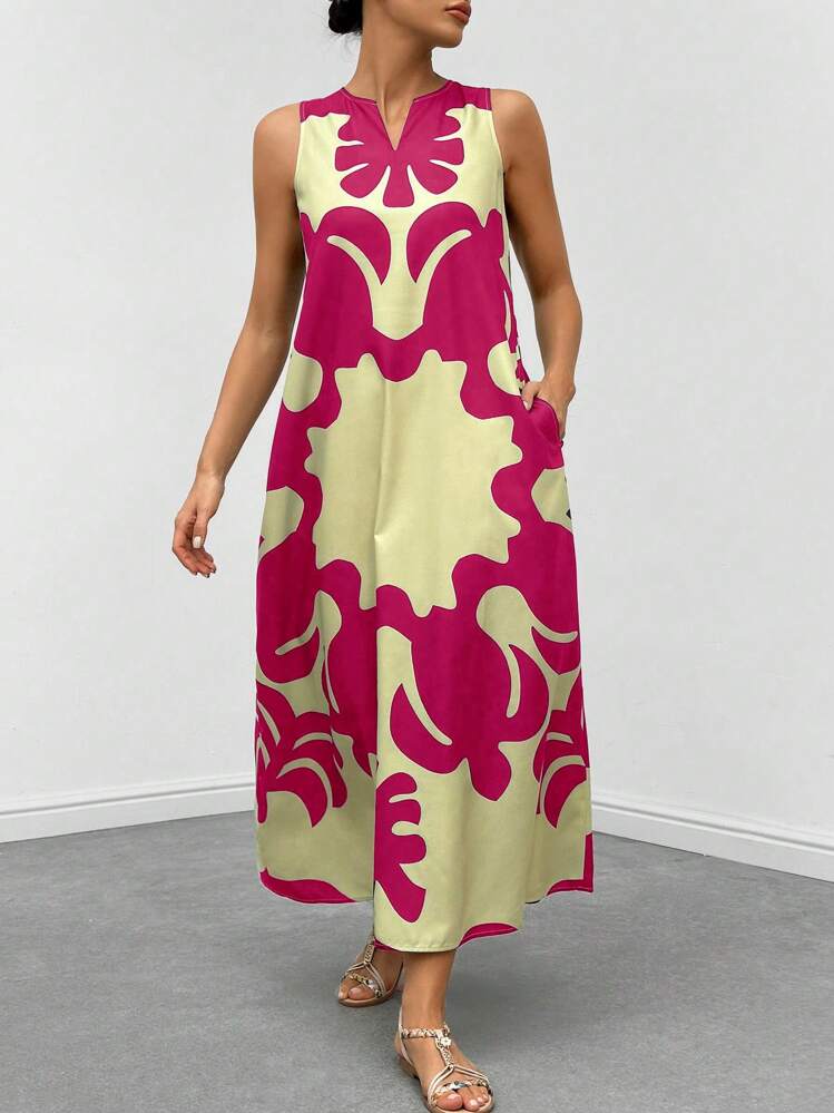 Graphic print neckline hidden pocket maxi in hot pink