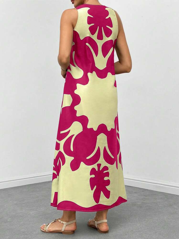 Graphic print neckline hidden pocket maxi in hot pink
