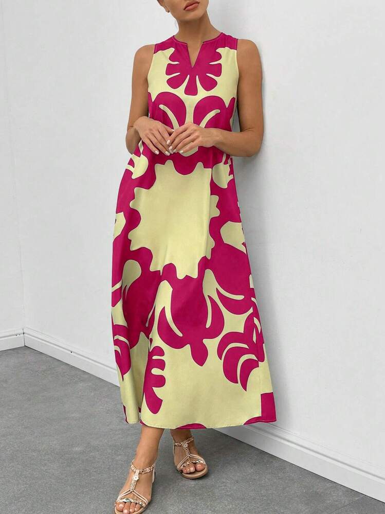Graphic print neckline hidden pocket maxi in hot pink