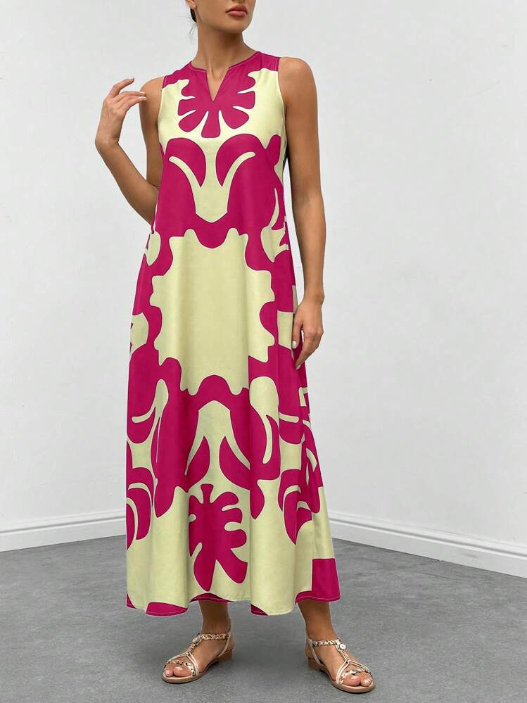 Graphic print neckline hidden pocket maxi in hot pink