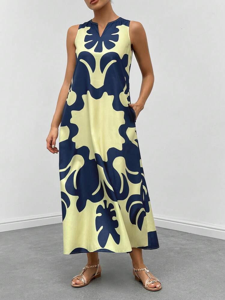 Graphic print neckline hidden pocket maxi in multi