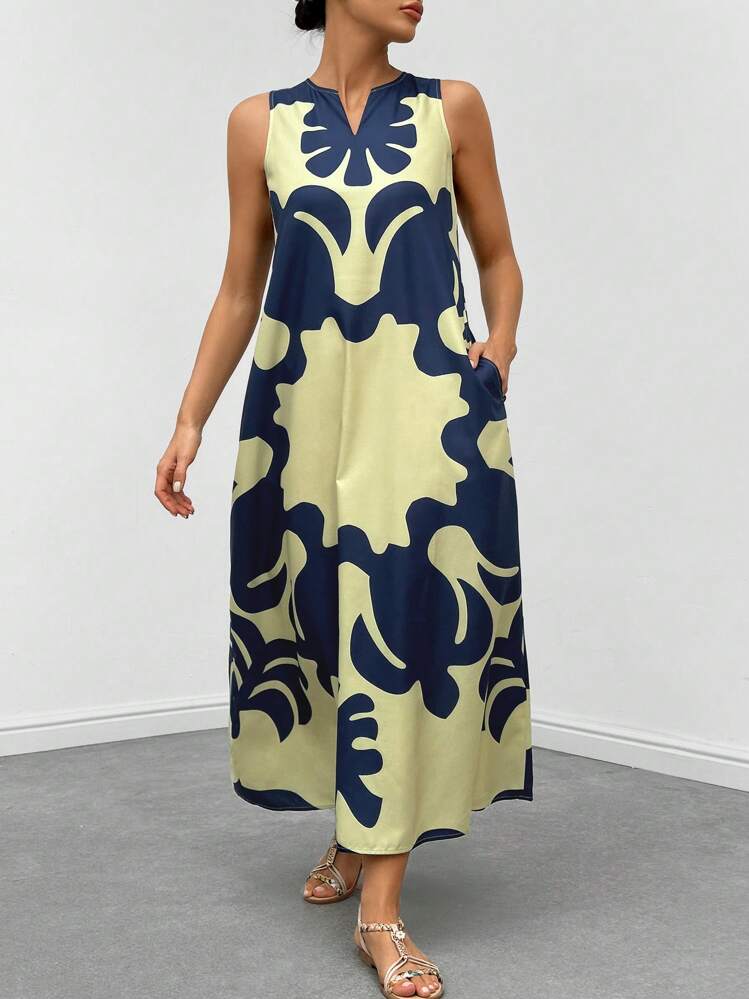 Graphic print neckline hidden pocket maxi in multi