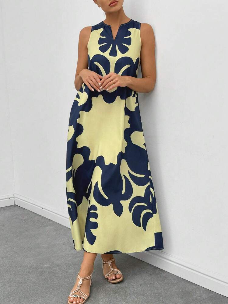 Graphic print neckline hidden pocket maxi in multi