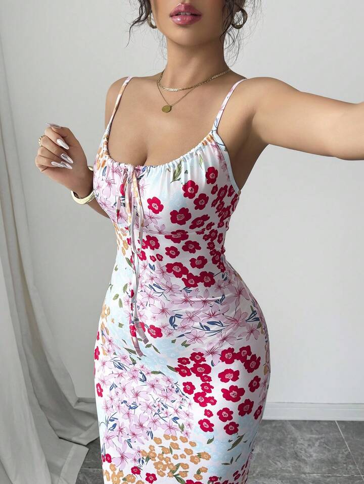 Graphic print ruffle hem cinched wiast dress in multi