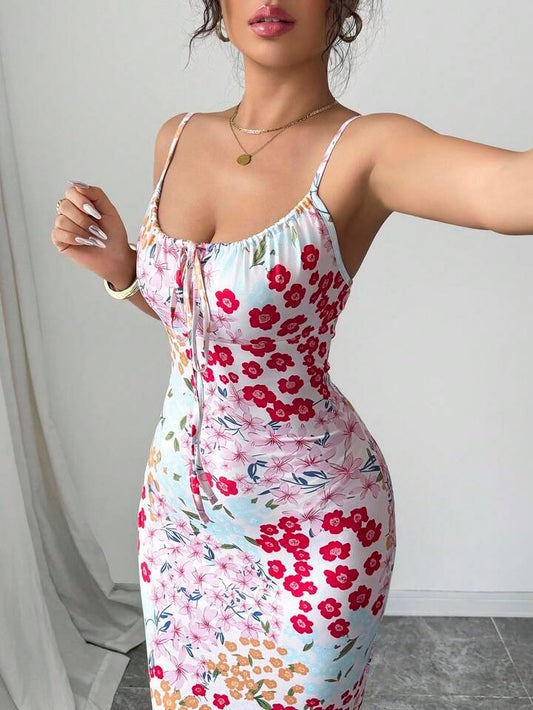 Graphic print ruffle hem cinched wiast dress in multi