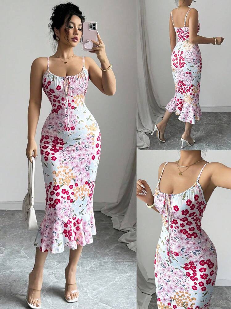 Graphic print ruffle hem cinched wiast dress in multi