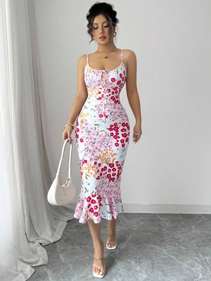 Graphic print ruffle hem cinched wiast dress in multi