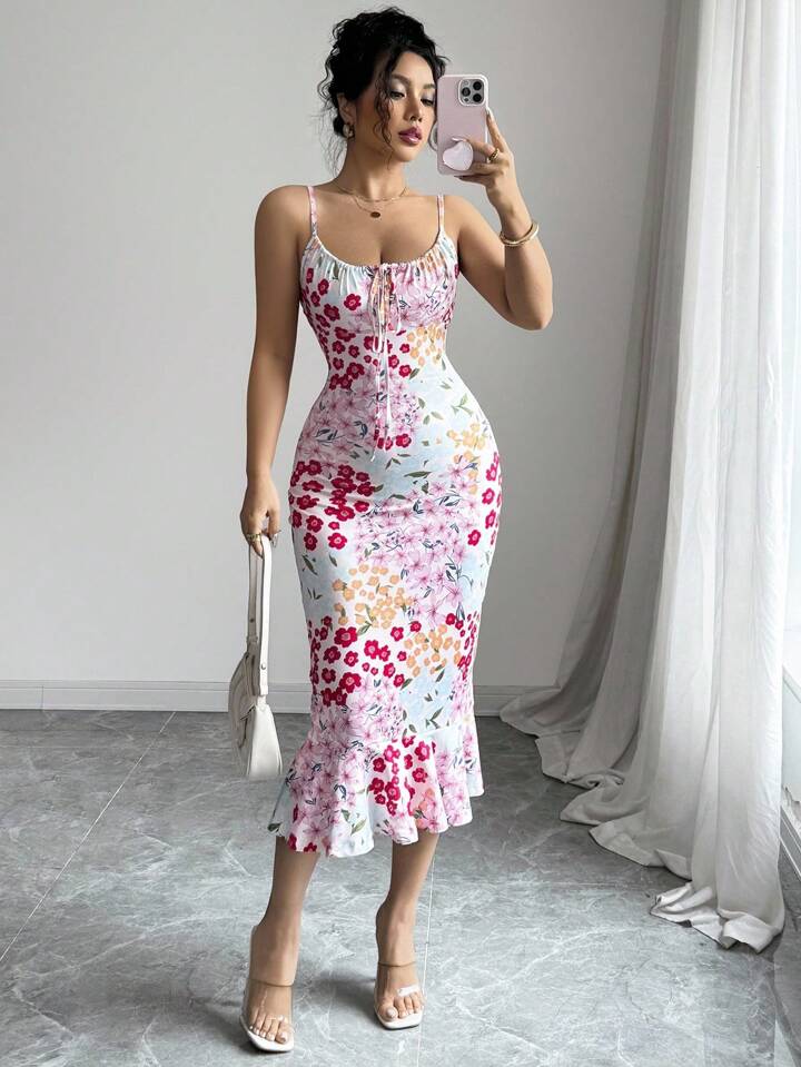 Graphic print ruffle hem cinched wiast dress in multi