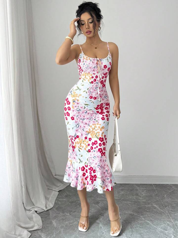 Graphic print ruffle hem cinched wiast dress in multi