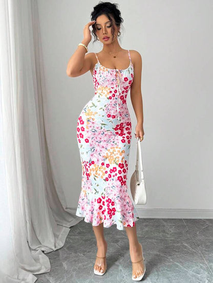 Graphic print ruffle hem cinched wiast dress in multi