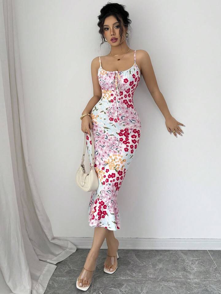 Graphic print ruffle hem cinched wiast dress in multi