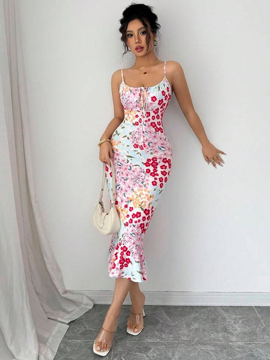 Graphic print ruffle hem cinched wiast dress in multi