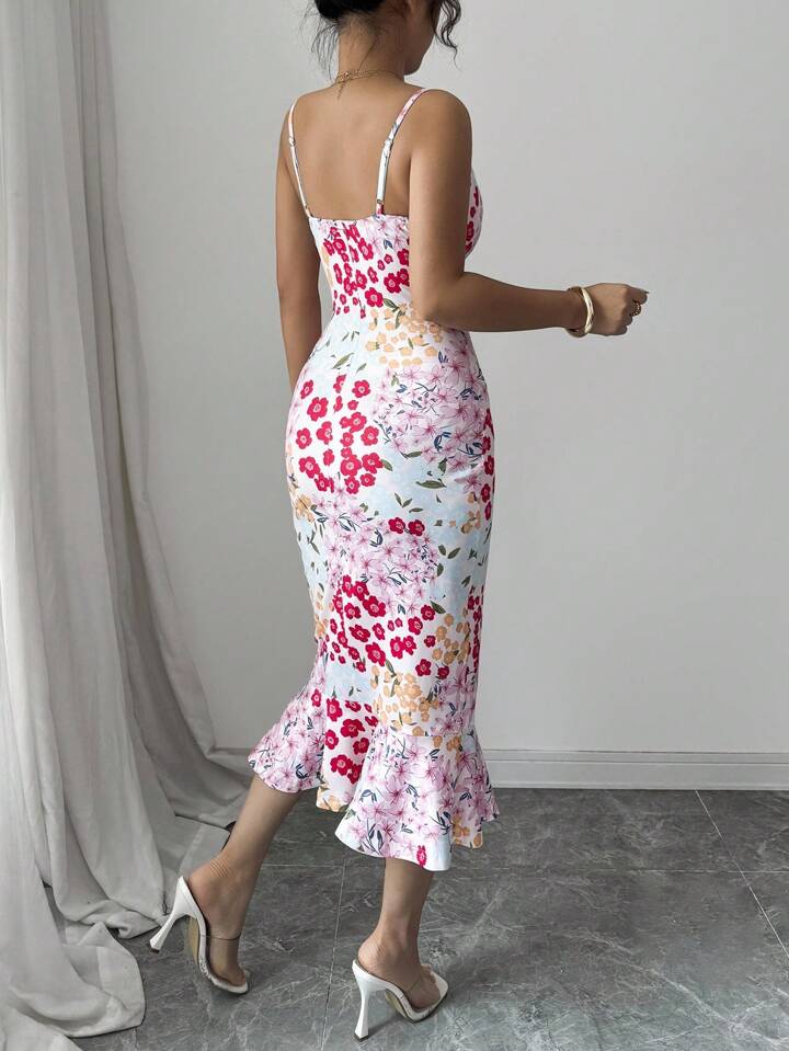 Graphic print ruffle hem cinched wiast dress in multi