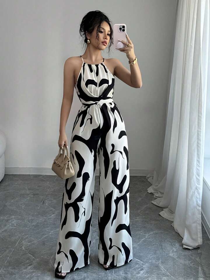 Halterneck ruched jumpsuit in multi