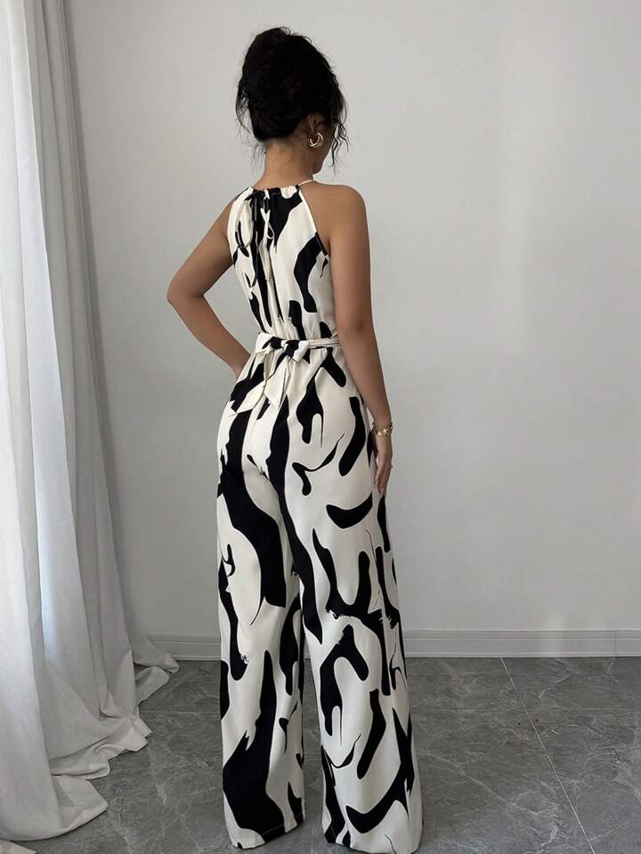 Halterneck ruched jumpsuit in multi