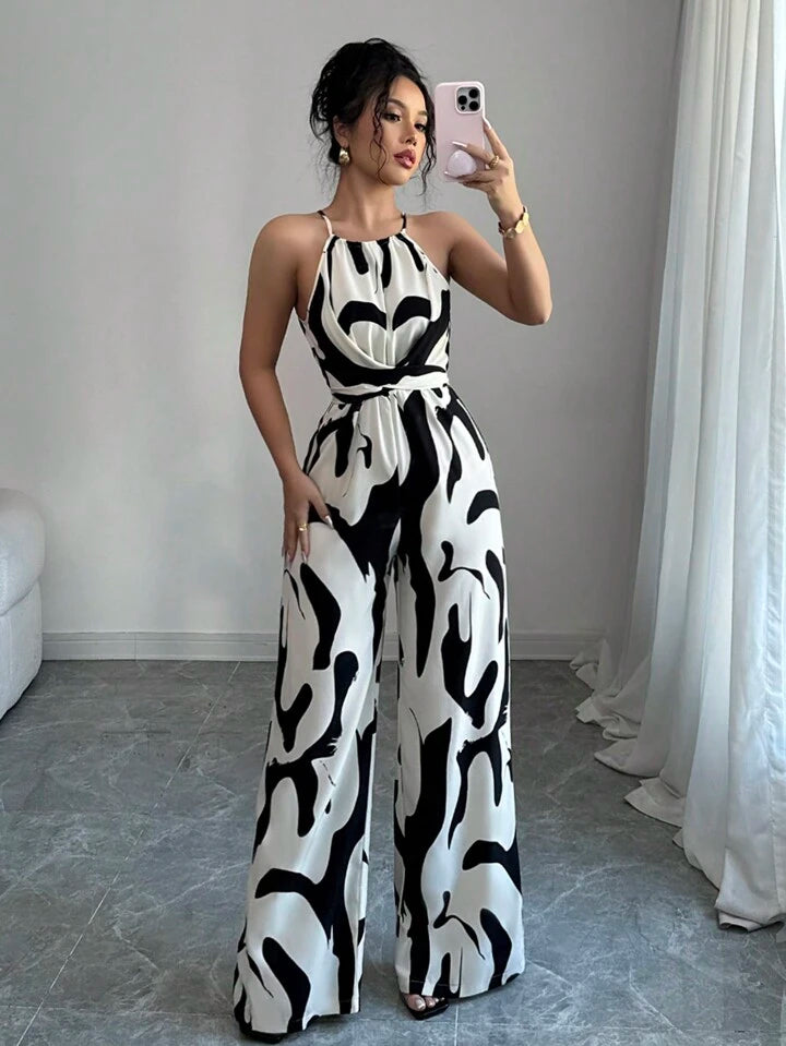 Halterneck ruched jumpsuit in multi