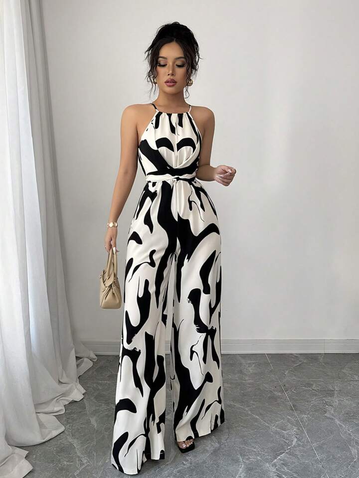 Halterneck ruched jumpsuit in multi